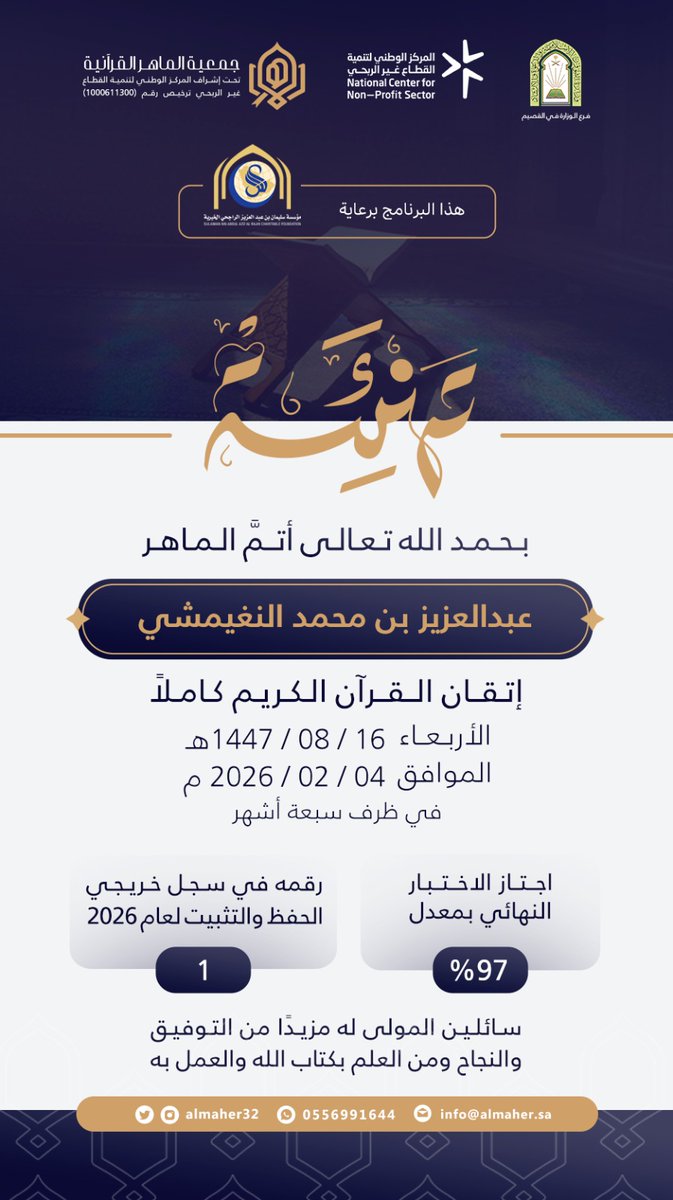almaher32's tweet image. 📖 #حفظ_وإتقان 

بفضل الله، أتمّ الماهر عبدالعزيز بن محمد النغيمشي إتقان القرآن الكريم كاملًا،

نسأل الله له التوفيق والثبات والرفعة بالقرآن الكريم 🌿

#جمعية_الماهر
