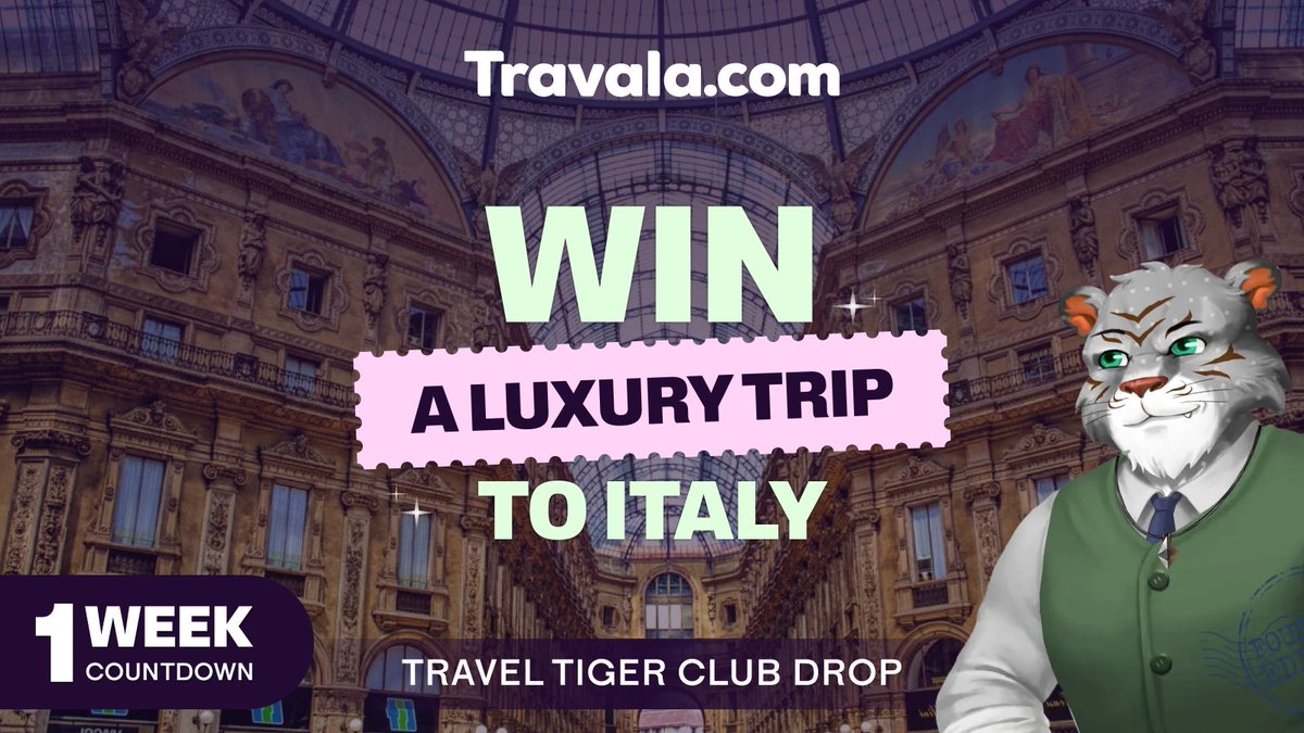 travalacom's tweet photo. 1 WEEK TO GO! 

In just 7 days, we’ll draw ONE lucky winner for #TravelDrop Italy 🇮🇹

Win a 5-night luxury supercar experience in Modena &amp; Bologna 🏎️ 

Exclusive to #TravelTigerClub NFT holders 🏆

➡️ Enter now: https://t.co/aGi2cgkl4y https://t.co/zNBNj0hGVC