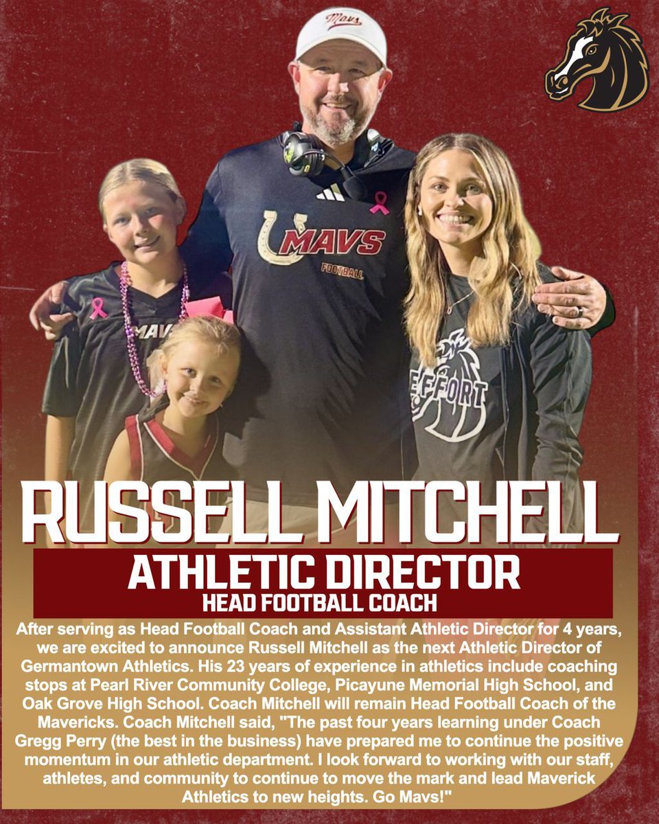 GHSMavericks's tweet photo. After serving as Head Football Coach and Assistant Athletic Director for 4 years, we are excited to announce Russell Mitchell as the next Athletic Director of Germantown Athletics. Coach Mitchell will remain Head Football Coach of the Mavericks as well. https://t.co/Z5UTTEgQhp
