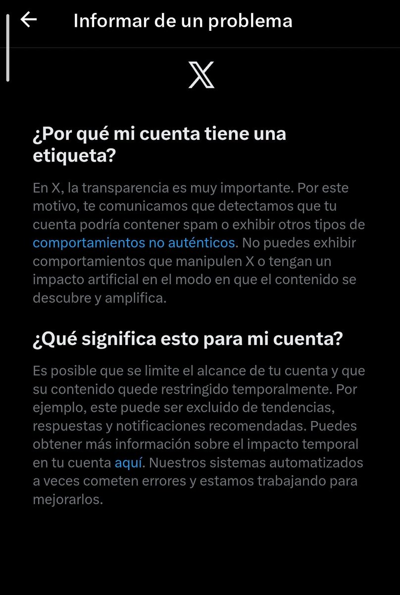 "Añadimos una etiqueta a tu cuenta que puede afectar a su alcance".
"Publicaciones que pueden incumplir nuestras políticas".
Y hasta ahí, algo que hace tiempo sabemos pero ahora nos lo dicen a la cara.

Lo de "comportamientos no auténticos" es de manual de fascista, el negarnos.