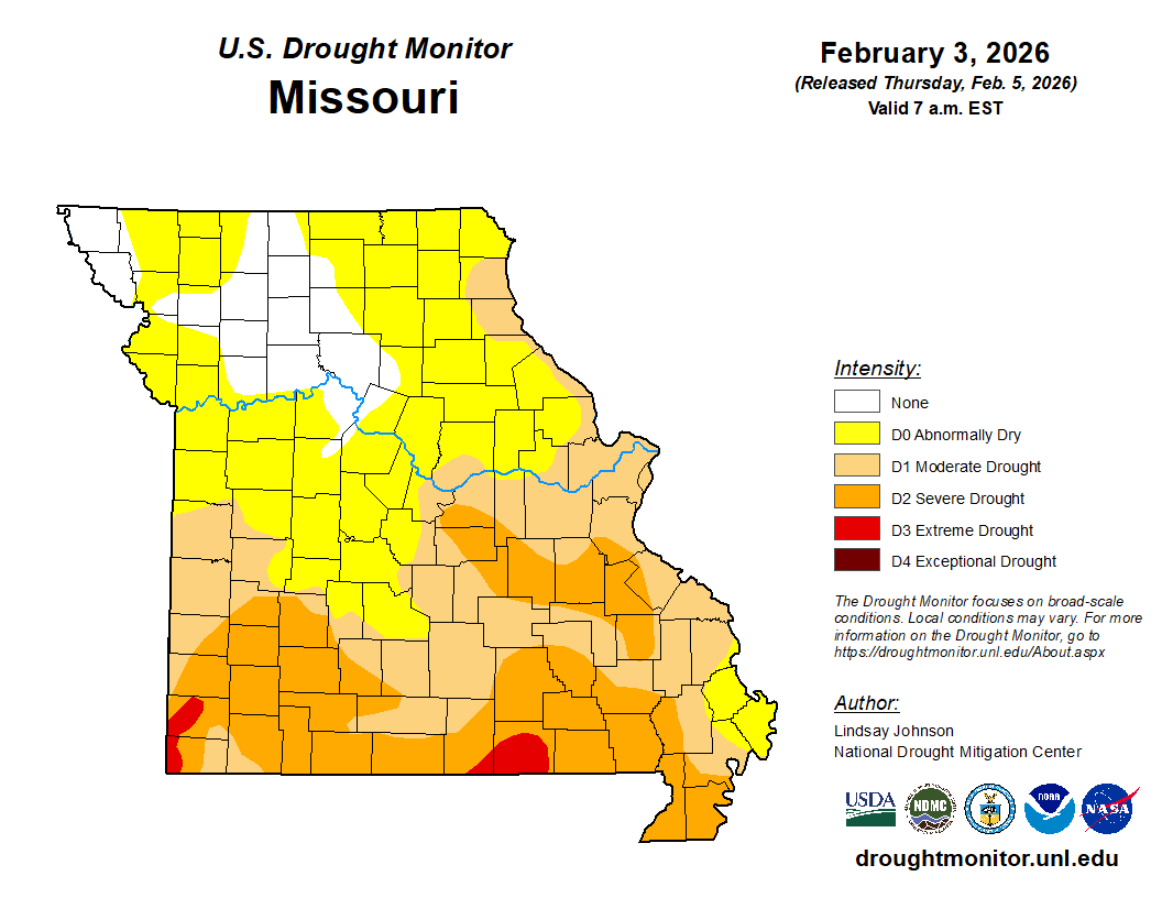 According to the U.S. Drought Monitor, 89.15% of Missouri is "abnormally dry", which is unchanged from a week ago. Just over 1% of the state is in extreme drought status.

A Drought Alert is in effect until April 1. Report local drought conditions at ow.ly/v9gV50UHBl5.