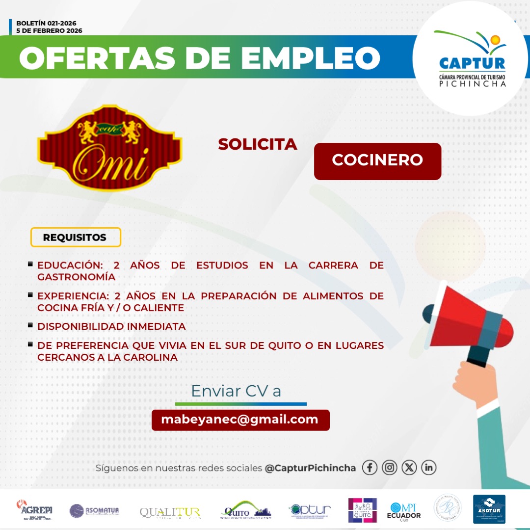 📢 Oportunidad laboral en gastronomía 🍽️
El restaurante OMI busca COCINERO para sumarse a su equipo.
👨‍🍳 Formación en Gastronomía
⏳ Experiencia en cocina fría y caliente
📍 Disponibilidad inmediata

📩 Envía tu CV a: mabeyanec@gmail.com

#EmpleoQuito  #CAPTUR  #OfertaLaboral