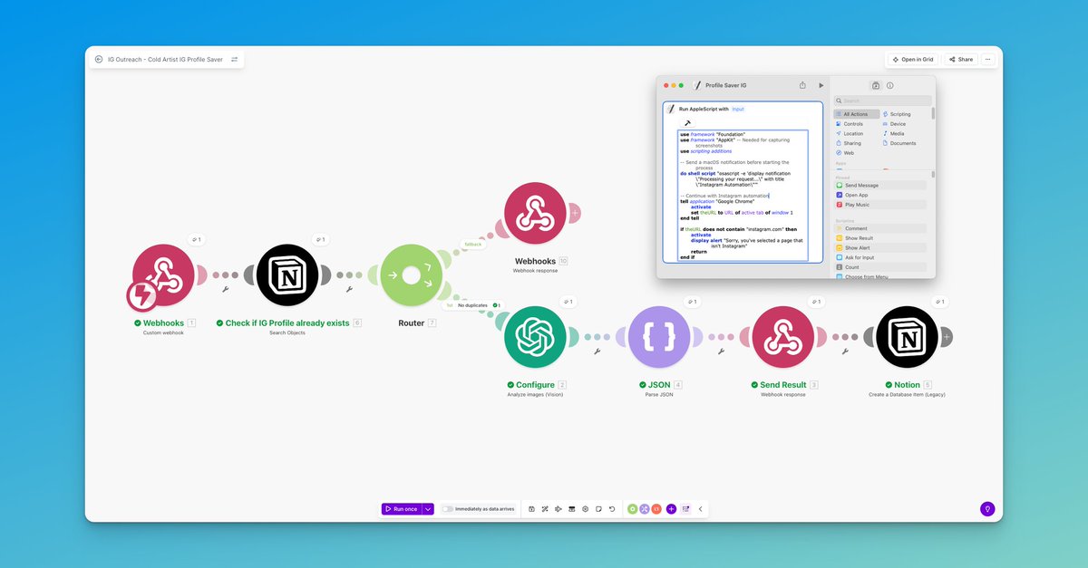 hmonharrison's tweet photo. Little wins stack.

Don’t need to automate everything. Just remove friction.

Built an IG Profile Saver → saves to my CRM in 1 click:

Name
Followers / Following
Outreach score (High/Low)
AI summary

Made with @make_hq , @OpenAI, @NotionHQ  and a little Apple Script. https://t.co/SoHyKuTY2r