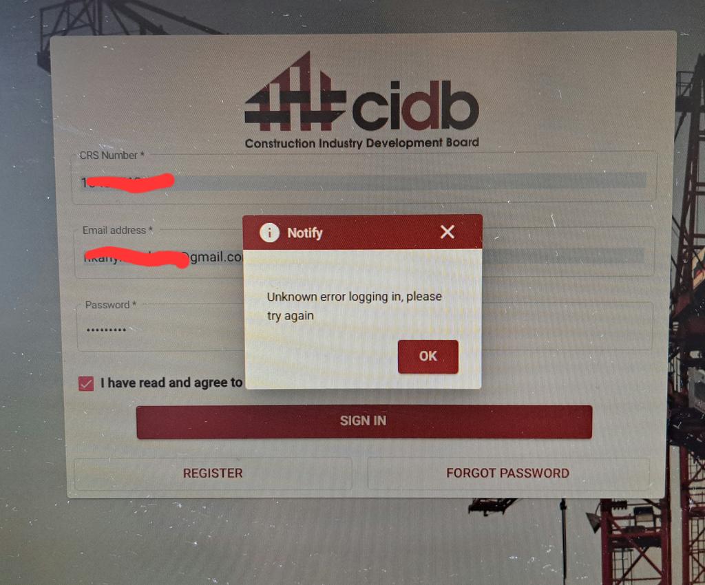 K_kaKhathi's tweet photo. @cidb_sa @DepartmentPWI @cidb_sa can you please fix this error , been trying to login for a newly registered company. https://t.co/WeVP03Chu9