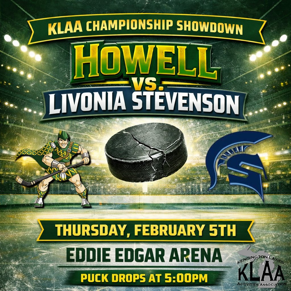 HowellVHockey's tweet photo. The Howell Highlanders head to Livonia tonight to battle Stevenson for the KLAA Championship! ππ
π Livonia Stevenson
π Eddie Edgar Arena β Livonia
β° 5:00 PM
#HowellHighlanders #KLAAChampionship #GameDay #HighlanderHockey https://t.co/opIXkXoHv8