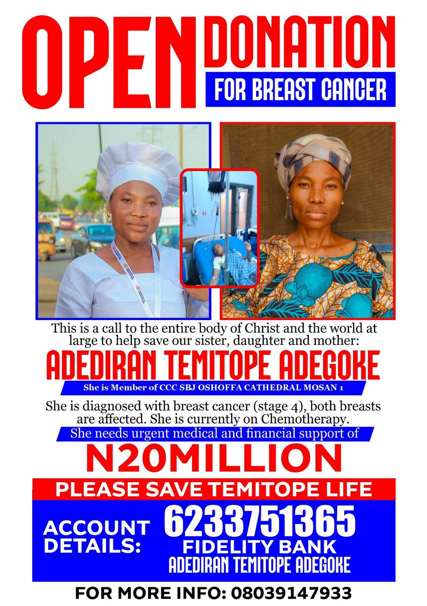 tinuadexoxo's tweet photo. URGENT: HELP SAVE TEMITOPE 
Temitope Adegoke is still battling Stage 4 Breast Cancer that has now spread to her lungs. She needs ₦20M for life-saving treatment.
Raised: ₦1.4M
Balance: ₦18.6M

Fidelity Bank
6233751365
Adediran Temitope Adegoke
RT to save a life! 🙏💔 https://t.co/8ot1nTZmeZ