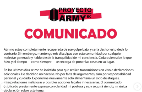 GOLPE BAJO FUE EL QUE RECIBIMOS TODOS LOS ARMYS DE ECUADOR QUE DIFUNDIMOS EL APOYO A ESE FANCLUB (FANBASE NO ES) Y DESPUES ENTERARNOS QUE ODIABA A TAEHYUNG DESDE QUE ABRIO ESE PROYECTO EN 2023, SINVERGUENZAS.

VAYAN A REPORTAR Y BLOQUEAR A ESA HATER: instagram.com/p/DUWj9IxESs1/…