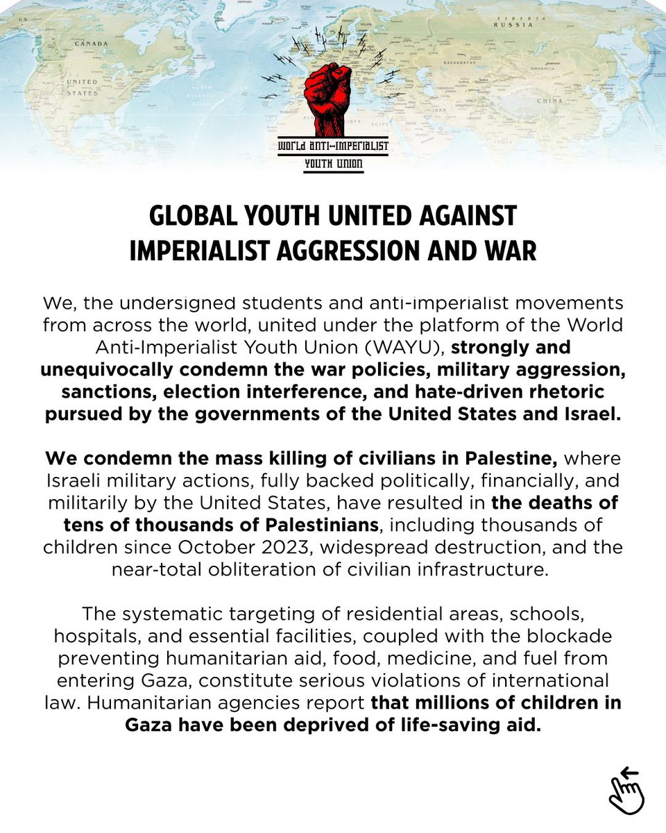 WAYouthUnion's tweet photo. THE YOUTH WILL NOT BE SILENT! ✊

The World Anti-Imperialist Youth Union (WAYU) and 38 global organizations have issued a clear warning: The era of unchecked imperialist aggression must end. https://t.co/wziCeJTxMZ