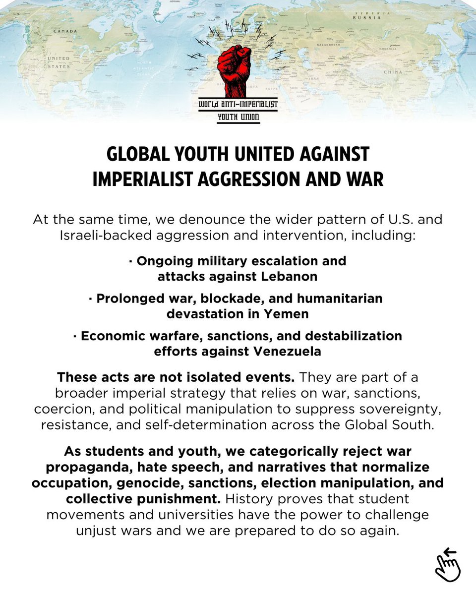 THE YOUTH WILL NOT BE SILENT! ✊

The World Anti-Imperialist Youth Union (WAYU) and 38 global organizations have issued a clear warning: The era of unchecked imperialist aggression must end.