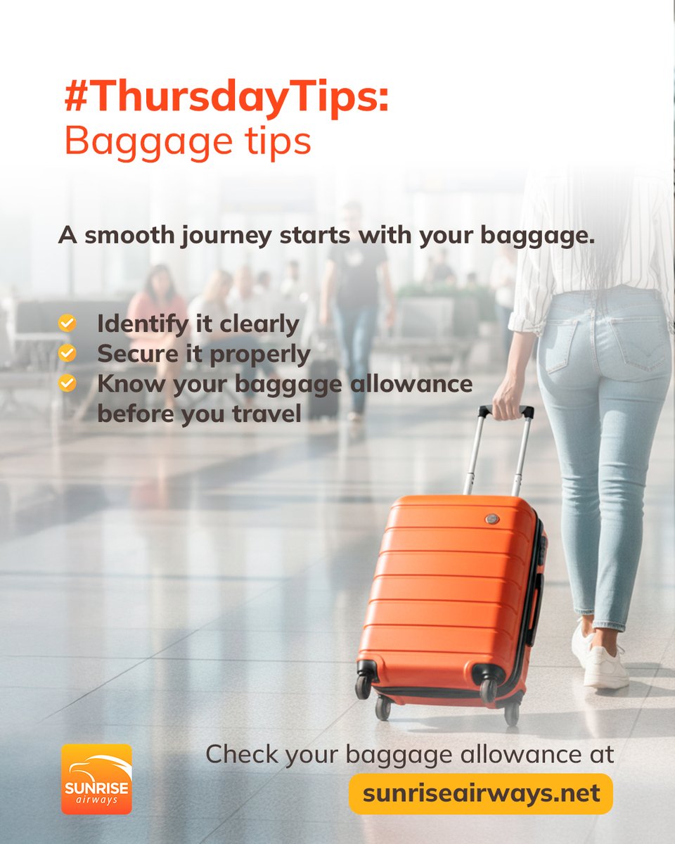 SunriseAirways's tweet image. Thursday Tips ✈️
A smooth journey starts with your baggage. Identify it properly, secure it well, and always check your baggage allowance before you fly.

👉 Check your baggage allowance at sunriseairways.net

#ThursdayTips #TravelTips #BaggageTips #CaribbeanTravel