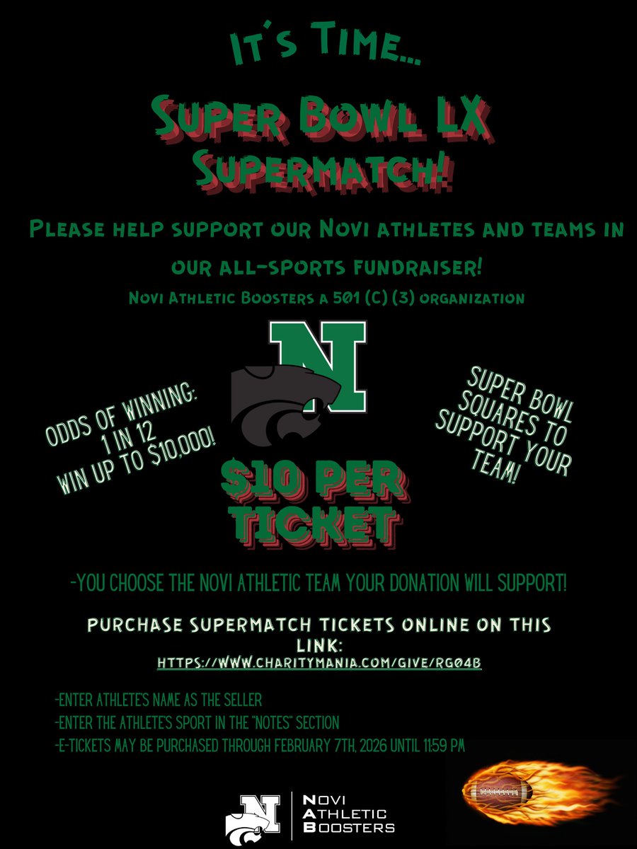Last call for our Winter All Sports Fundraiser organized by the <a href="/NoviBoosters/">Novi Boosters</a> ! Click or visit the following link to purchase the cards online.
charitymania.com/give/RG04B
Cards are $10 each. They are available online through Midnight on February 7th.