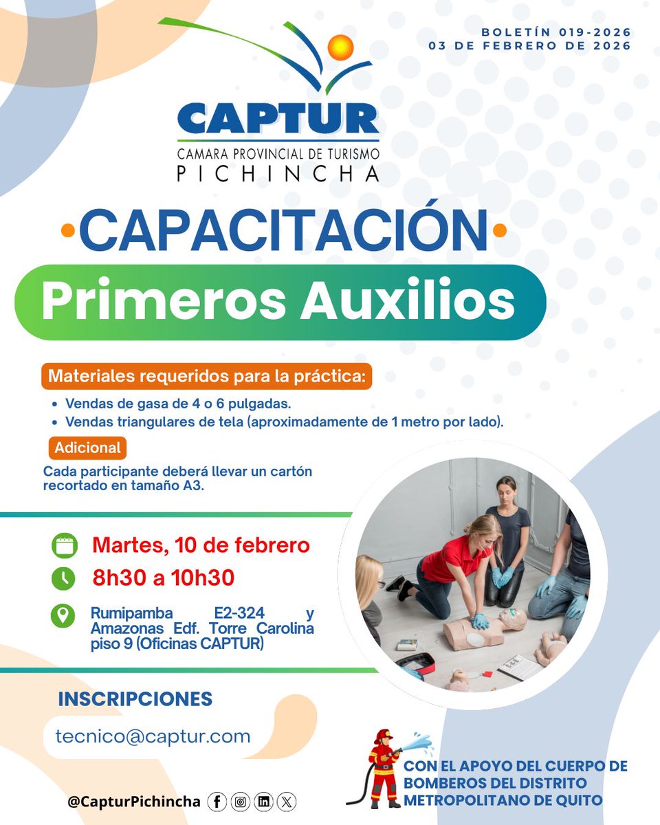 🚑 Capacitación en Primeros Auxilios
CAPTUR, junto al <a href="/BomberosQuito/">Bomberos Quito</a>, invita a socios y aliados a una jornada práctica.

🗓 10 de febrero | ⏰ 08h30
📍 Oficinas CAPTUR
📩 Inscripciones: tecnico@captur.com

#CAPTUR #PrimerosAuxilios #TurismoSeguro