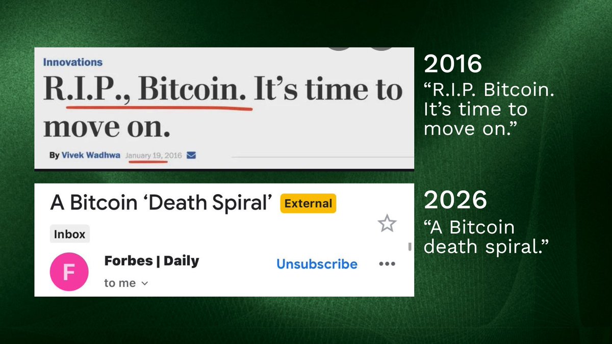 KarnikaYashwant's tweet photo. 2016: “R.I.P. Bitcoin. It’s time to move on.”
2026: “A Bitcoin death spiral.”

Same story. Different year.

Zoom in, it looks scary.
Zoom out, it’s just another chapter.

Markets panic. Technology compounds.

When in doubt, zoom out. https://t.co/uxRcGLK1zD