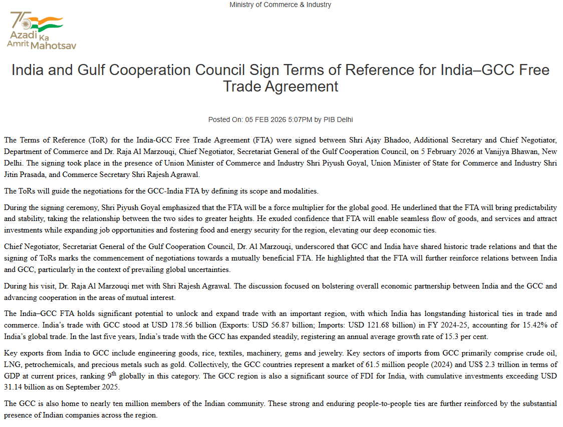 India and Gulf Cooperation Council Sign Terms of Reference for India ...