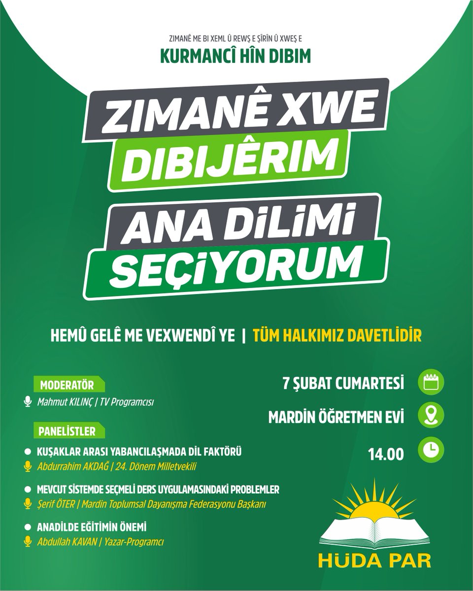 HurDavaPartisi's tweet image. 📢 PANELE DAVET!

Eğitim İşleri Başkanlığımız tarafından düzenlenecek “Ana Dilimi Seçiyorum” panelimize tüm halkımız davetlidir.

📆 7 Şubat Cumartesi
🕡 14.00
📍 Mardin Öğretmen Evi