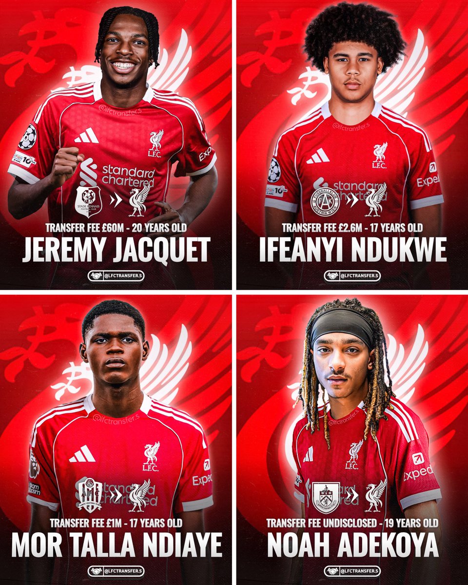 ‼️𝗢𝗙𝗙𝗜𝗖𝗜𝗔𝗟: All of Liverpool’s 2026 January Transfer Window signings! 🔴✍️

🇫🇷 Jeremy Jacquet will officially join June 1st.
🇦🇹 Ifeanyi Ndukwe joins the u21’s.
🇸🇳 Mor Talla Ndiaye joins the u21’s.
🏴󠁧󠁢󠁥󠁮󠁧󠁿 Noah Adekoya joins the u21’s.

👇Rate Liverpool’s Transfer window 1️⃣-🔟