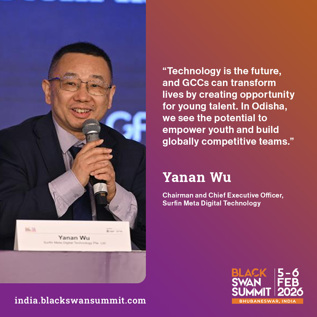 blackswansummit's tweet photo. Yanan Wu, Chairman &amp; CEO, Surfin Meta Digital Tech at Black Swan Summit India sees GCCs in Odisha as a platform to empower youth and global teams. #BlackSwanSummit #GCC #TechTalent https://t.co/pgMwcRsTf1