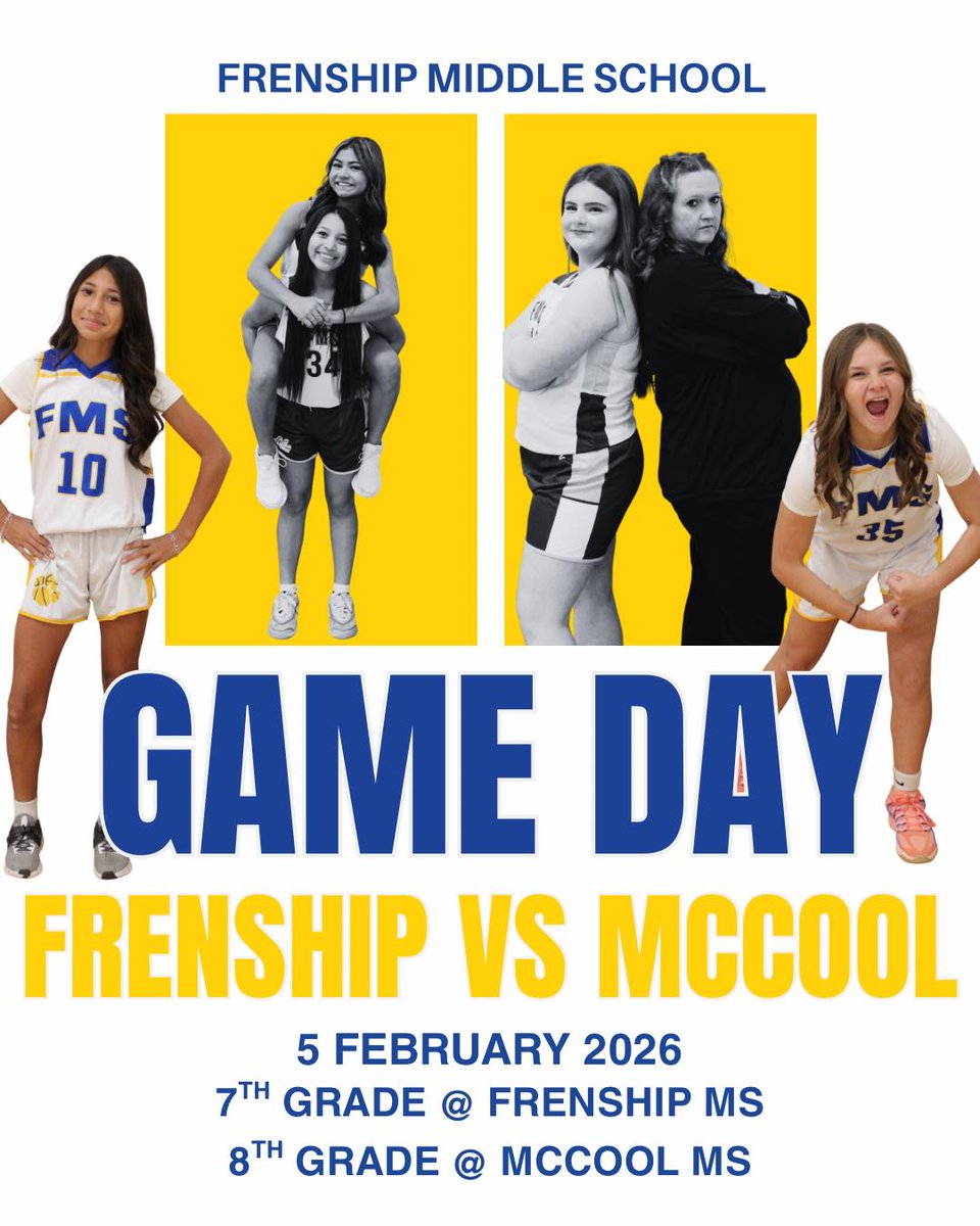 It’s game day for our Lady Tigers!  Come out and watch them play the girls from McCool Middle School this evening at 5:30 and 6:30. 7th at FMS, 8th at McCool.