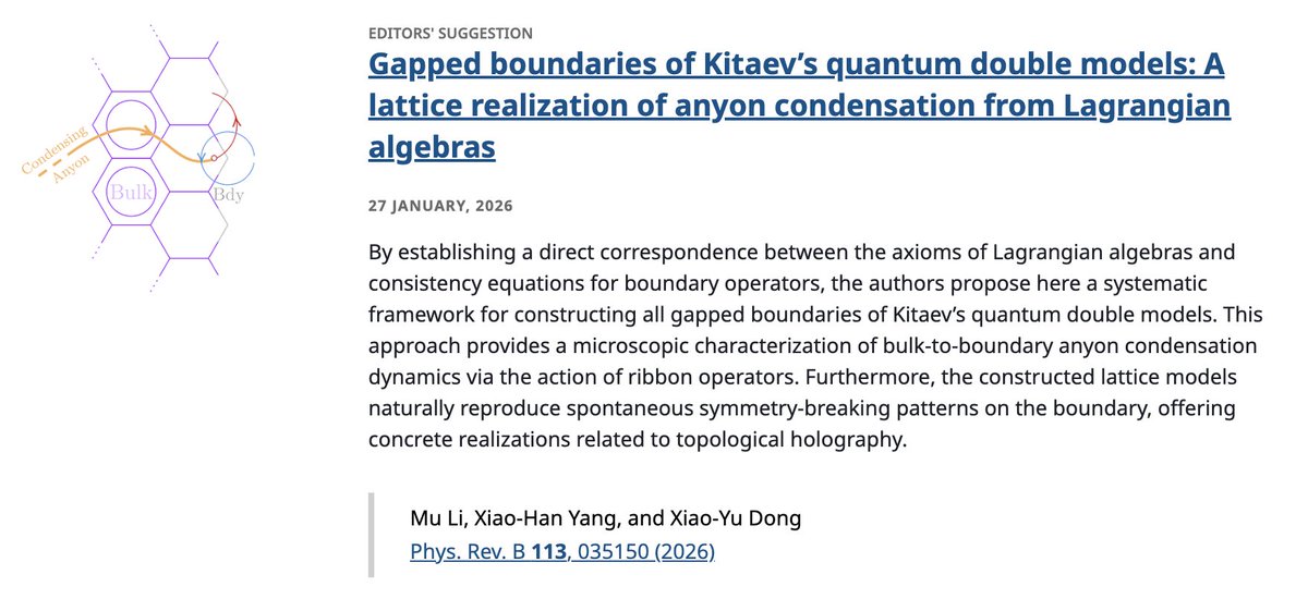 PhysRevB's tweet photo. PRB Editors' Suggestion: Gapped boundaries of #Kitaev's #quantum double models: A lattice realization of #anyon condensation from Lagrangian algebras
M. Li, X.-H. Yang, and X.-Y. Dong
Phys. Rev. B 113, 035150
➡️ https://t.co/BY7hIN90gh
#EdSugg @APSPhysics #physics #condmat https://t.co/ubK0UReLY3
