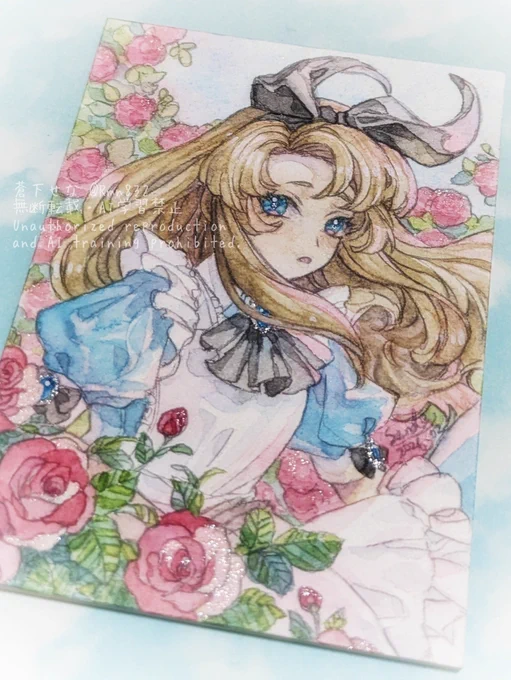 「薔薇園の迷い子」 童話テーマATC、3枚目完成。 #透明水彩 #watercolor