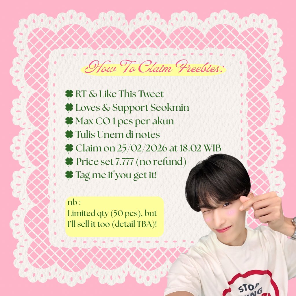 ⚔️𝐒𝐄𝐎𝐊𝐌𝐈𝐍'𝐒 𝐁𝐈𝐑𝐓𝐇𝐃𝐀𝐘 𝐅𝐑𝐄𝐄𝐁𝐈𝐄𝐒⚔️
🍀𝑲𝒚𝒆𝒐𝒎𝒑𝒖𝒔 𝑩𝒖𝒏𝒅𝒍𝒆 𝒐𝒇 𝑳𝒖𝒄𝒌!🍀

RT &amp; Like are very appreciated!˃ᴗ˂

❀ Read the rules below
❀ Claim on 25/02 at 18.02 WIB🍊
❀ Price set 7.777 (no refund)

Link co : s.shopee.co.id/7fU6GbPsLR

Good luck!🍀