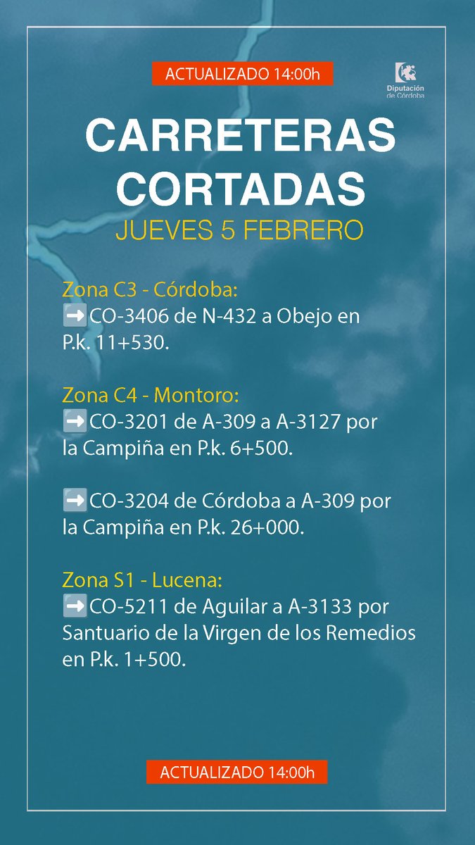 dipucordoba's tweet image. ‼️ Actualización 05/02 a las 14.00 horas:
🚧 Carreteras cortadas 🚧

Zona N2 - Pozoblanco:

➡️CO-7409 de Villaralto a Dos Torres en P.k. 4+000.
