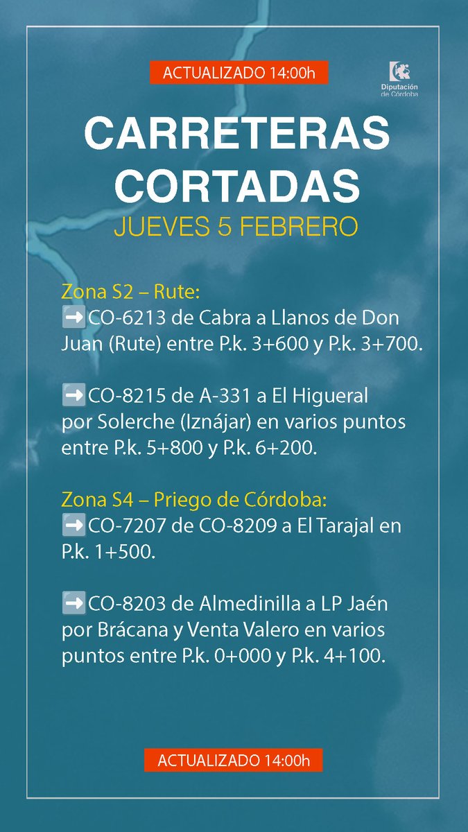 dipucordoba's tweet image. ‼️ Actualización 05/02 a las 14.00 horas:
🚧 Carreteras cortadas 🚧

Zona N2 - Pozoblanco:

➡️CO-7409 de Villaralto a Dos Torres en P.k. 4+000.