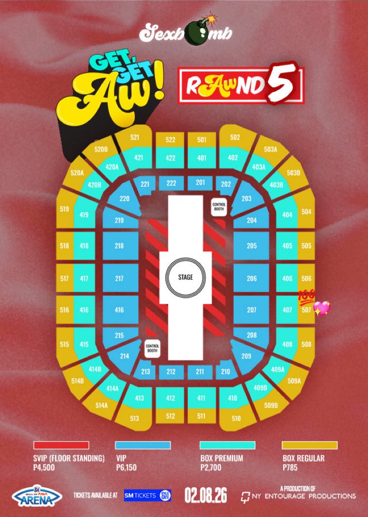 [Helping a Client / Extra Ticket]

GET, GET AW! THE SEXBOMB CONCERT RAWND 5 (Sunday - February 8 2/8)

SELLING: (4) BOX REGULAR 507 Row C
- Adjacent Seats
- Unclaimed
- Can do meetup

DM / Reply 💌

wts for sale tickets tix tpa lf lfb ph
#getgetaw #SexbombRawnd5