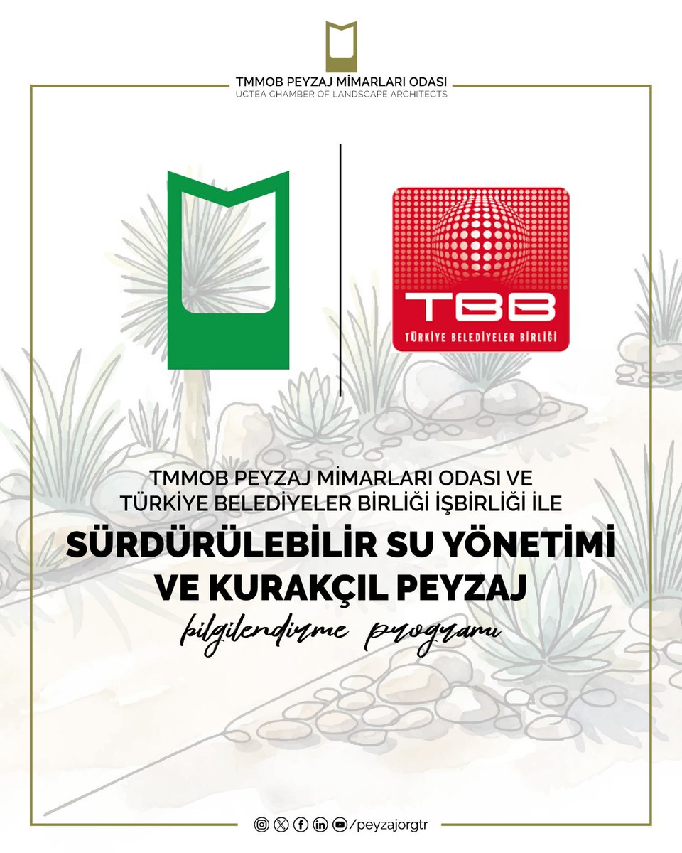 TMMOB PEYZAJ MİMARLARI ODASI VE TÜRKİYE BELEDİYELER BİRLİĞİ İŞBİRLİĞİ İLE SÜRDÜRÜLEBİLİR SU YÖNETİMİ VE KURAKÇIL PEYZAJ BİLGİLENDİRME PROGRAMI

TMMOB Peyzaj Mimarları Odası
16. Dönem Yönetim Kurulu

peyzajmimoda.org.tr/icerik/2026020…