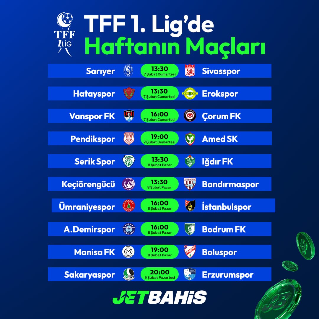 bu hafta ateş ediyor! 🔥
13:30’dan 20:00’a kadar full aksiyon 📷Hangi maçı bekliyorsun? #TFF1Lig #1LigLig #jetbahis #iddaa 

Güncelgiriş: srv185.edgeflowJB10185.com/_CB63eAHmKZ2uq… .