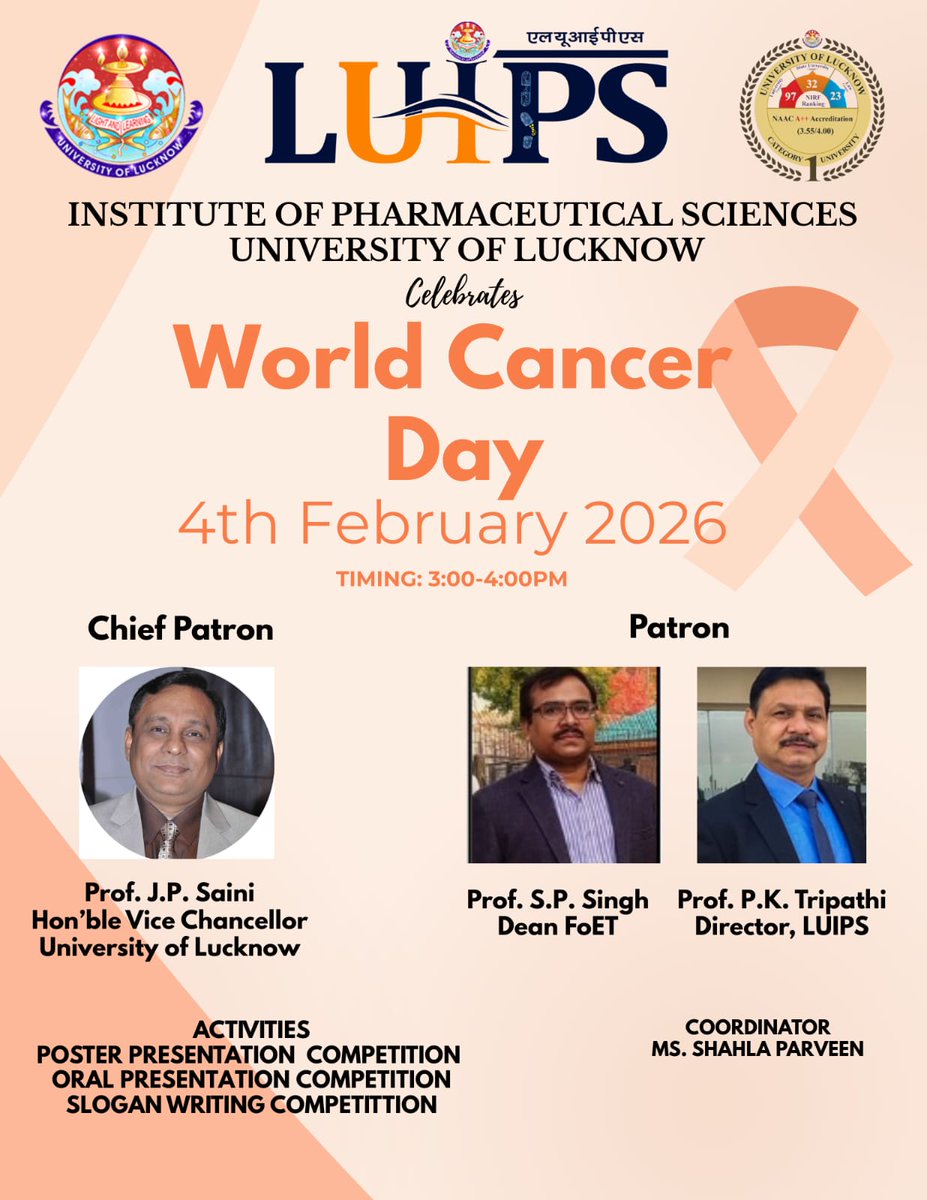 luips_UoL's tweet photo. Students showcase their skills in poster presentation, slogan writing and oral presentation competition organised by Institute of Pharmaceutical sciences, University of Lucknow on the occasion of WORLD CANCER DAY on 4th February 2026 https://t.co/9M6HOdcps1