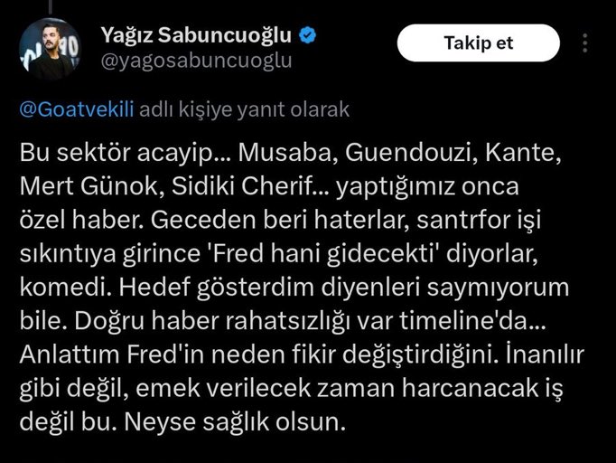 Musaba'yı ilk haber yapan gs muhabirleriydi. 
Guendouzi'yi ilk yazan İtalya ve Fransa basını oldu.
Kante'yi ilk Resmi Transfer hesabı yazdı.
Cherif'i ilk yazan da Talha Arslan'dı.

Aynen, özel haber.