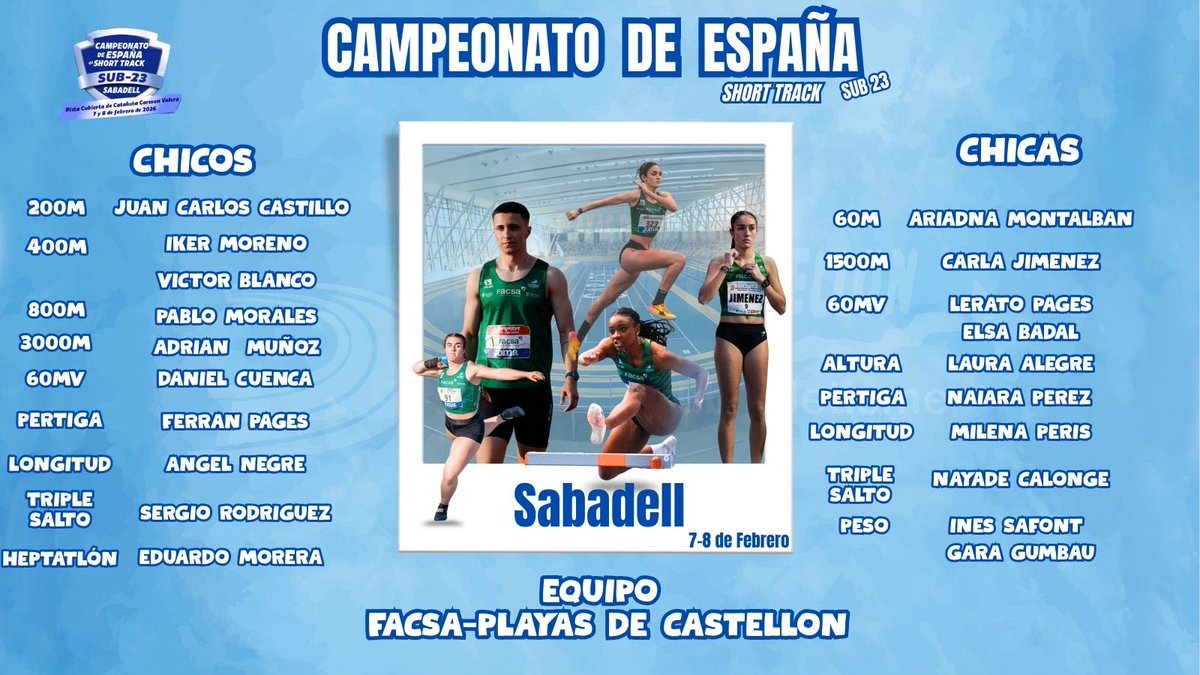 🔥 ¡Campeonato de España Short Track Sub23 en Sabadell (7–8 febrero)!

FACSA-Playas de Castellón viaja con un equipo súper completo: velocidad, mediofondo, vallas, pértiga, saltos, peso y heptatlón. 💚🖤

¡Mucha suerte a todos y a disfrutar del campeonato! 💪🏽🏃‍♀️🏃‍♂️