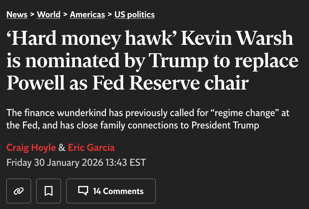 kofinas's tweet image. This debate about whether Kevin Warsh is a hawk or not misses the point.

Even if someone raised Paul Volcker from the grave, put a cigar in his mouth, and nominated him to be Fed Chair, it wouldn't change a thing.

As @LynAldenContact is fond of saying, nothing stops this train.