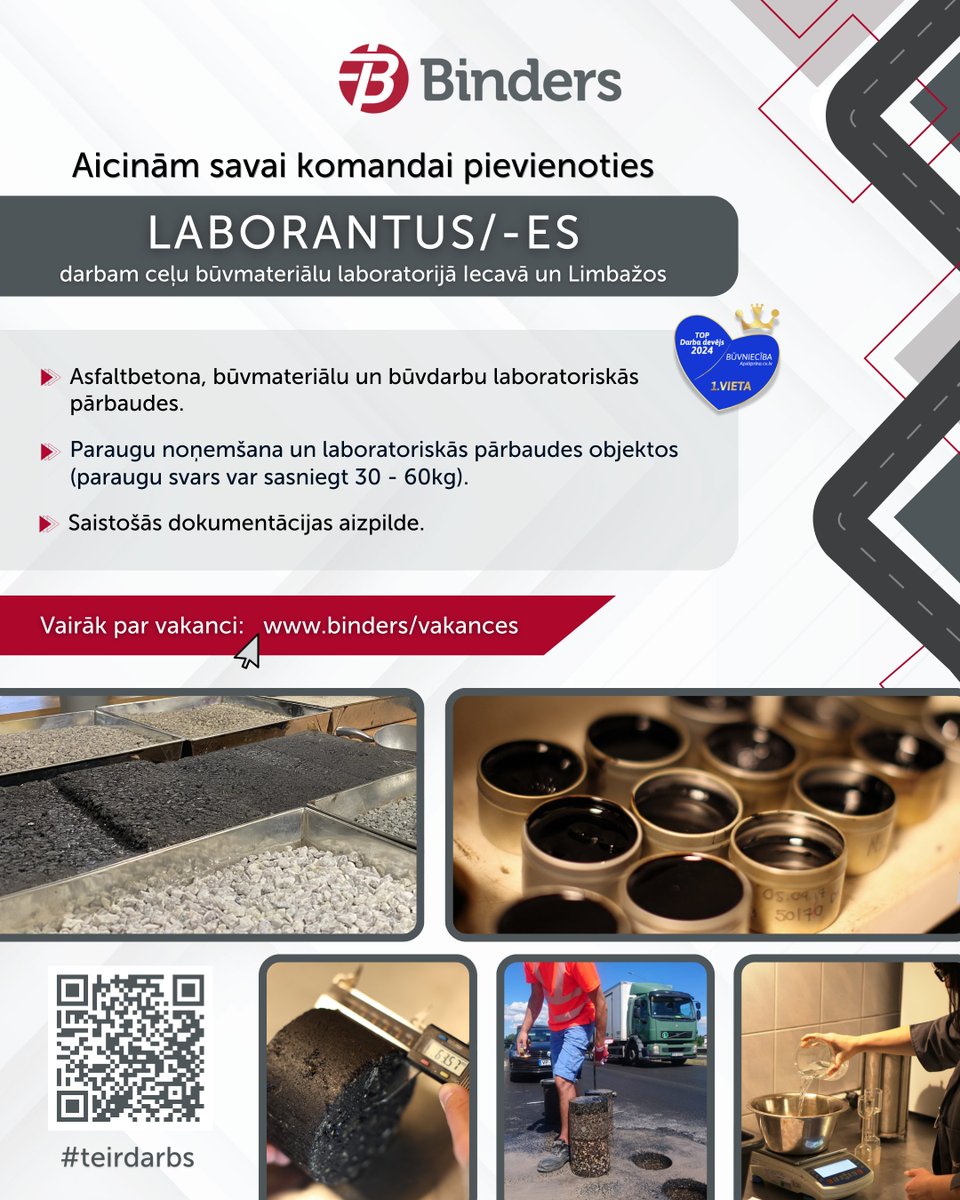 teirdarbs's tweet photo. Ceļu būves firma "Binders" aicina darbā LABORANTUS/-ES ceļu būvmateriālu laboratorijās:

Iecavā – https://t.co/EzdP9AGKat

Limbažos – https://t.co/buyj1pvOZ6

#teirdarbs https://t.co/qdfEqoDKJv