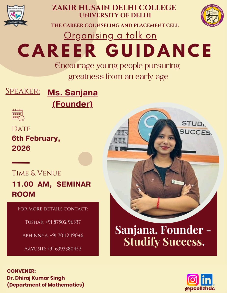 We will be visiting Zakir Husain College on 6th February 2026 to conduct a seminar at 11:00 AM. Looking forward to interacting with the students and sharing insights on career guidance and skill development.!❤️‍🔥💯
#studifysuccess 
.
.
.
#instagram #explore #seminar #college