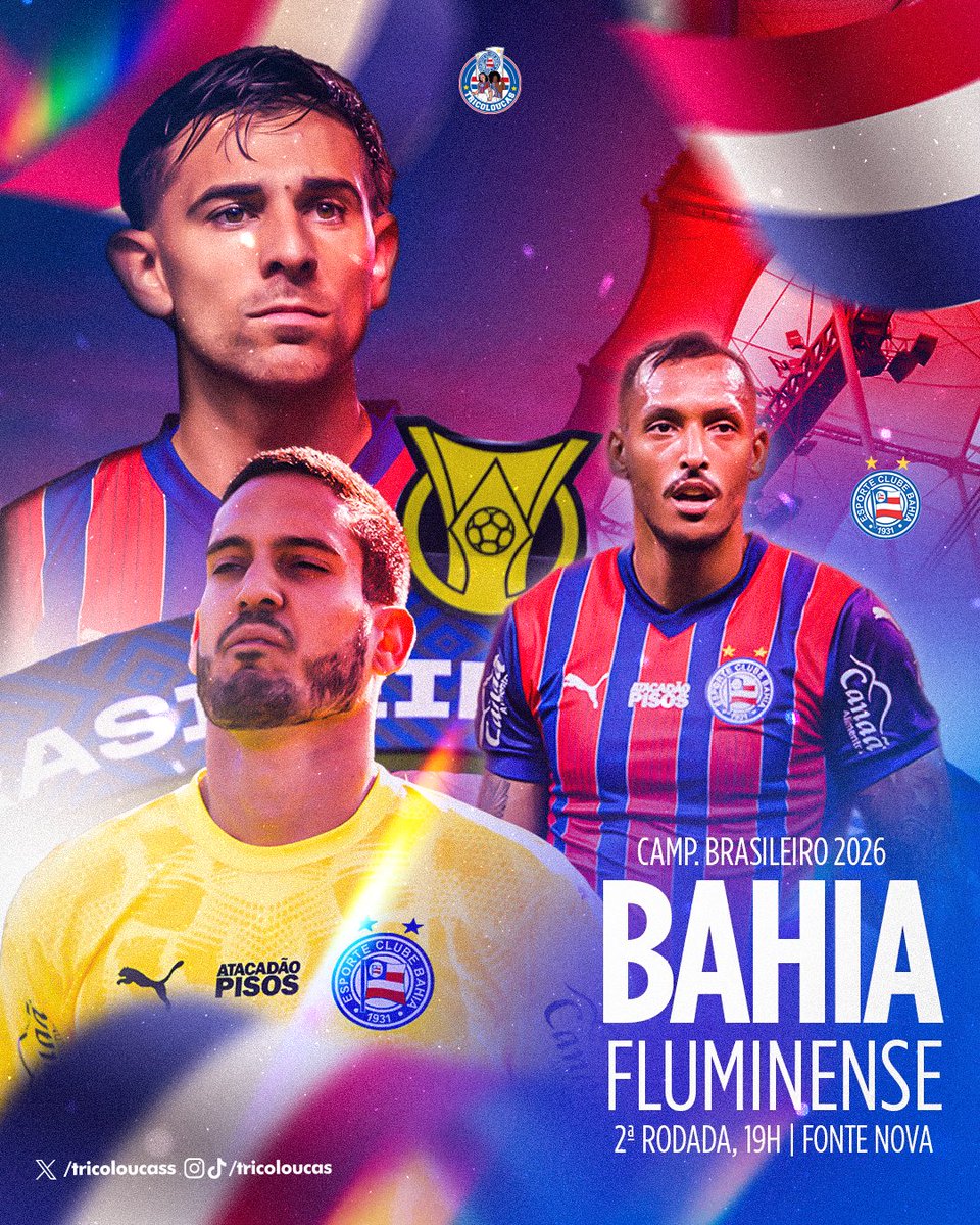 tricoloucass's tweet photo. Hoje tem 2ª rodada do Brasileirão! ⚽
Bahia x Fluminense, na Fonte Nova, às 19h.
Só o triunfo importa! 💙❤️

#BBMP #Tricoloucas #Brasileirão2026 https://t.co/wfoHUkPiEW