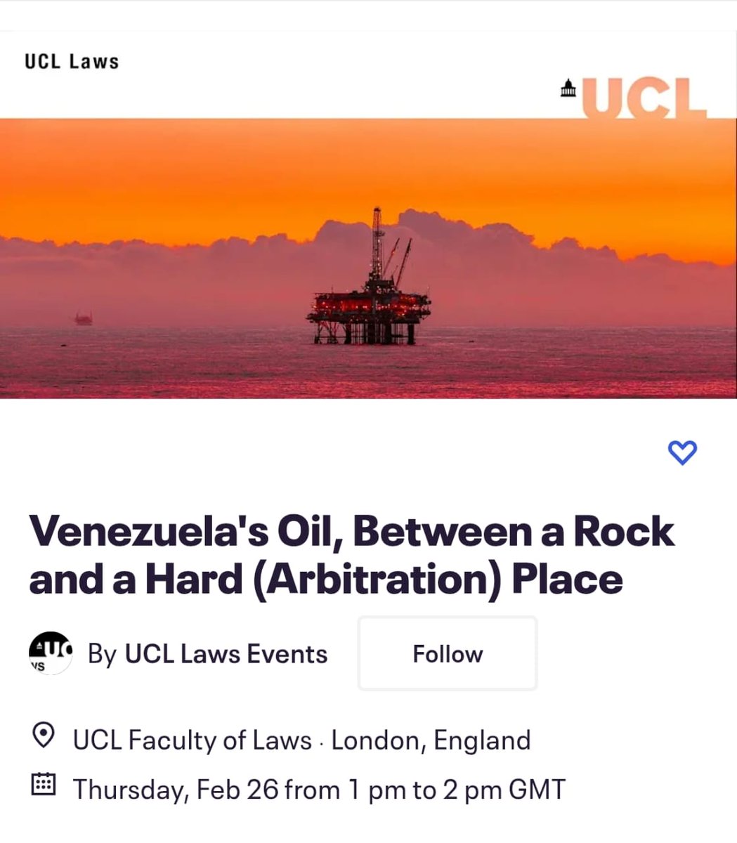 MDIPC_UCV's tweet photo. El próximo 26 de febrero de 2026 nuestro coordinador el prof. Eugenio Hernández-Bretón dará una ponencia titulada “Venezuela’s Oil, Between a Rock and a Hard (Arbitration) Place” en la Facultad de Derecho de la University College of London (@UCLLaws) https://t.co/lYuT1NHqqo