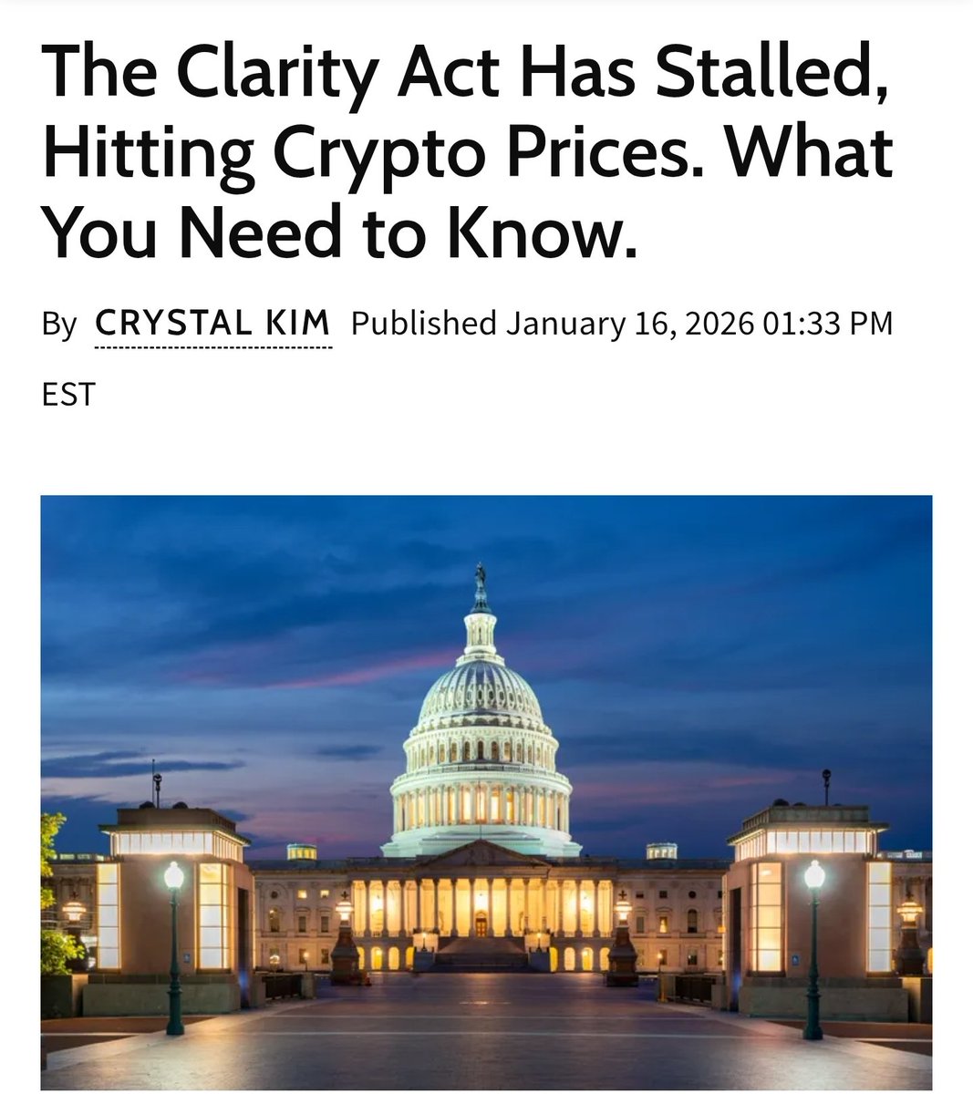chartmongo's tweet image. '클래리티 법안(Clarity Act)' 좌초 위기... 비트코인·코인베이스 동반 급락
​■ 주요 보도 내용
​입법 중단: 암호화폐의 증권성 여부를 명확히 가려줄 것으로 기대를 모았던 '디지털 자산 명확성 법안(The Clarity Act)'이 상원 표결을 앞두고 무기한 계류됨.
​정치적 교착: 민주당 내 강경파와…