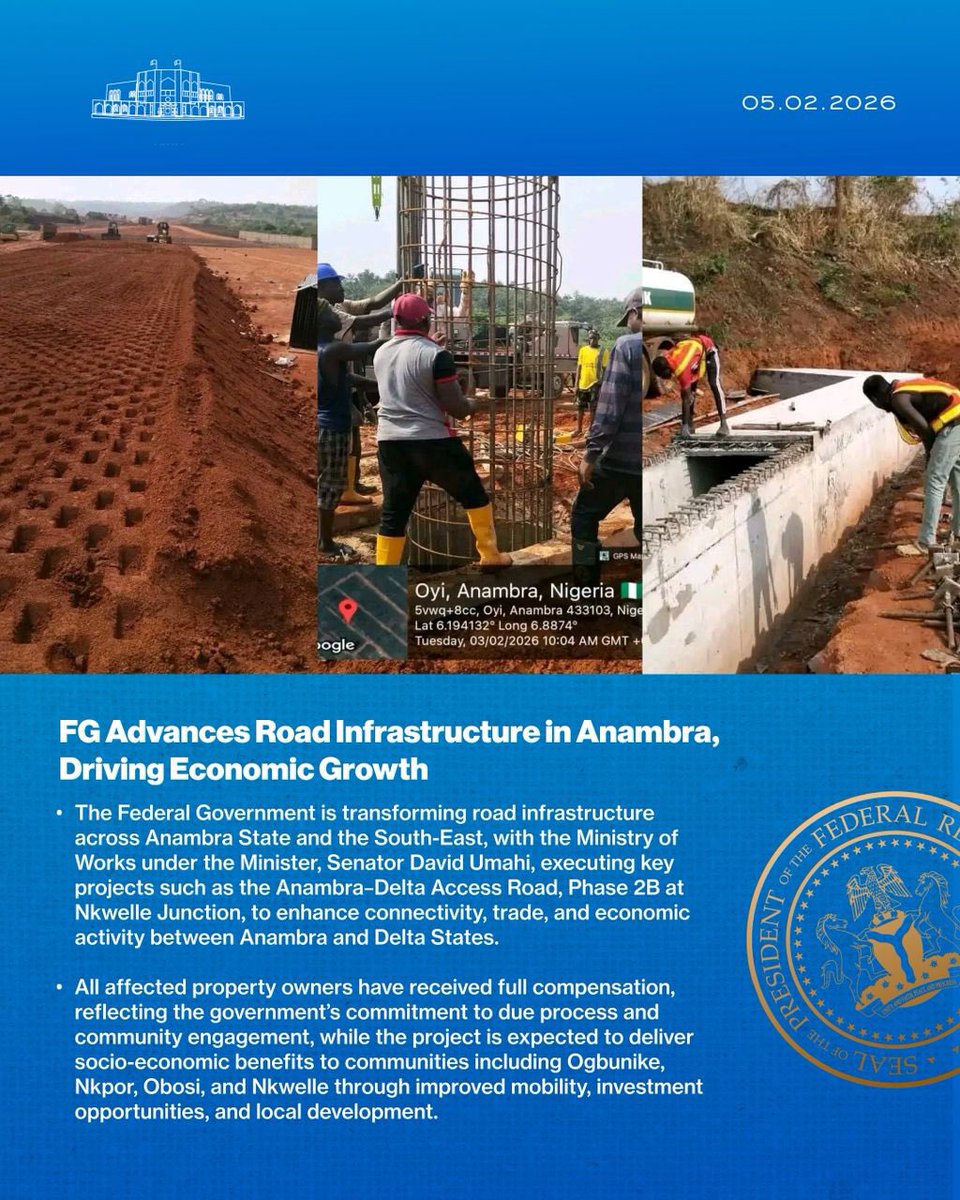 Anambra's road infrastructure gets a boost! Federal Govt pushes forward, fueling economic growth 

#RenewedHopeAgenda #PresidentTinubu #StatehouseDigital