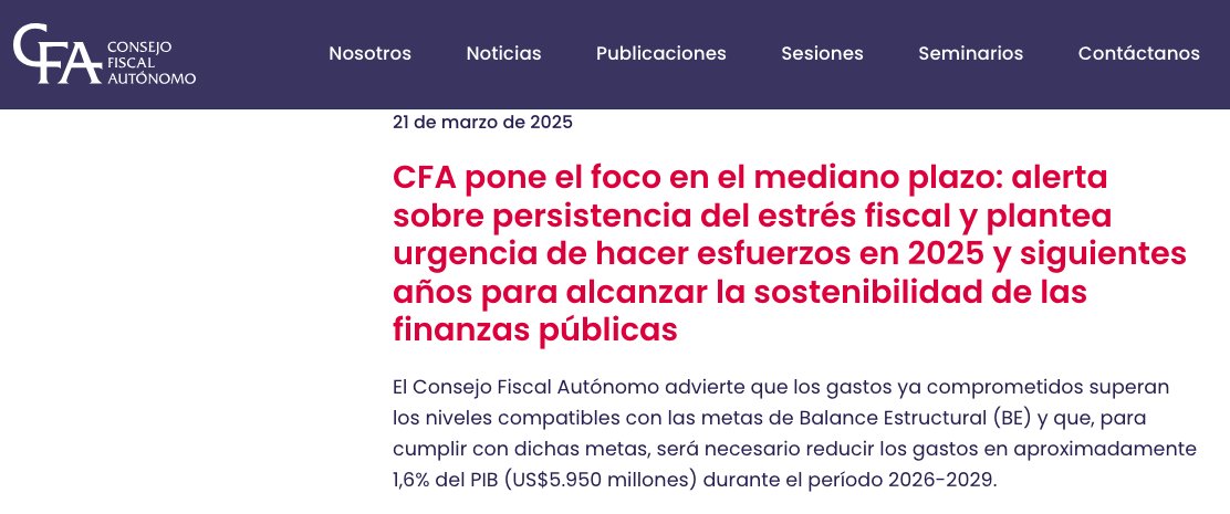 La directora de la Dipres dice en entrevista: “ninguna parte nos están pidiendo un ajuste de US$6 mil millones". Omite que -en marzo 2025- el Consejo Fiscal dijo que era necesario reducir gastos en aprox 1,6% del PIB (US$5.950 millones) durante el período 2026-2029. ¿No lo leyó?