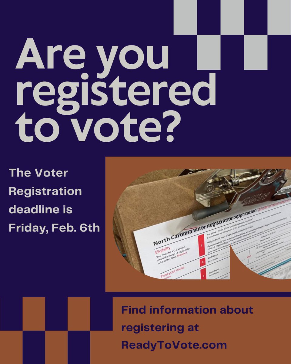 WakeElections's tweet photo. Friday, Feb. 6 at 5 p.m. is the voter registration/update deadline for the March 3 Primary Election. Check your registration now to make sure you’re ready to vote: https://t.co/pzTSET3PQa #ReadyToVote https://t.co/qgM9htj0iZ