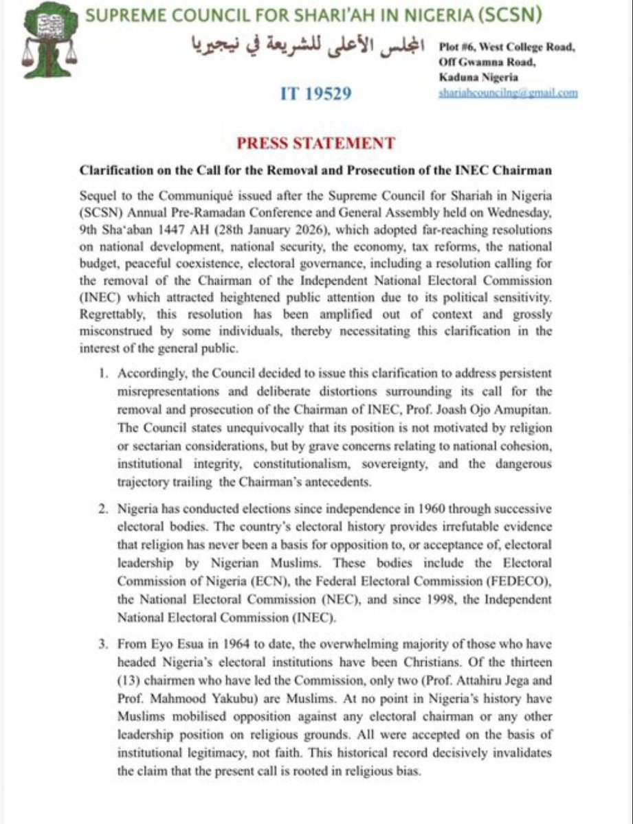 Arewa_Source's tweet photo. Official press release by Supreme Council for Sharia in Nigeria.

INEC CHAIRMAN MUST GO. https://t.co/eHTvmD6zW1