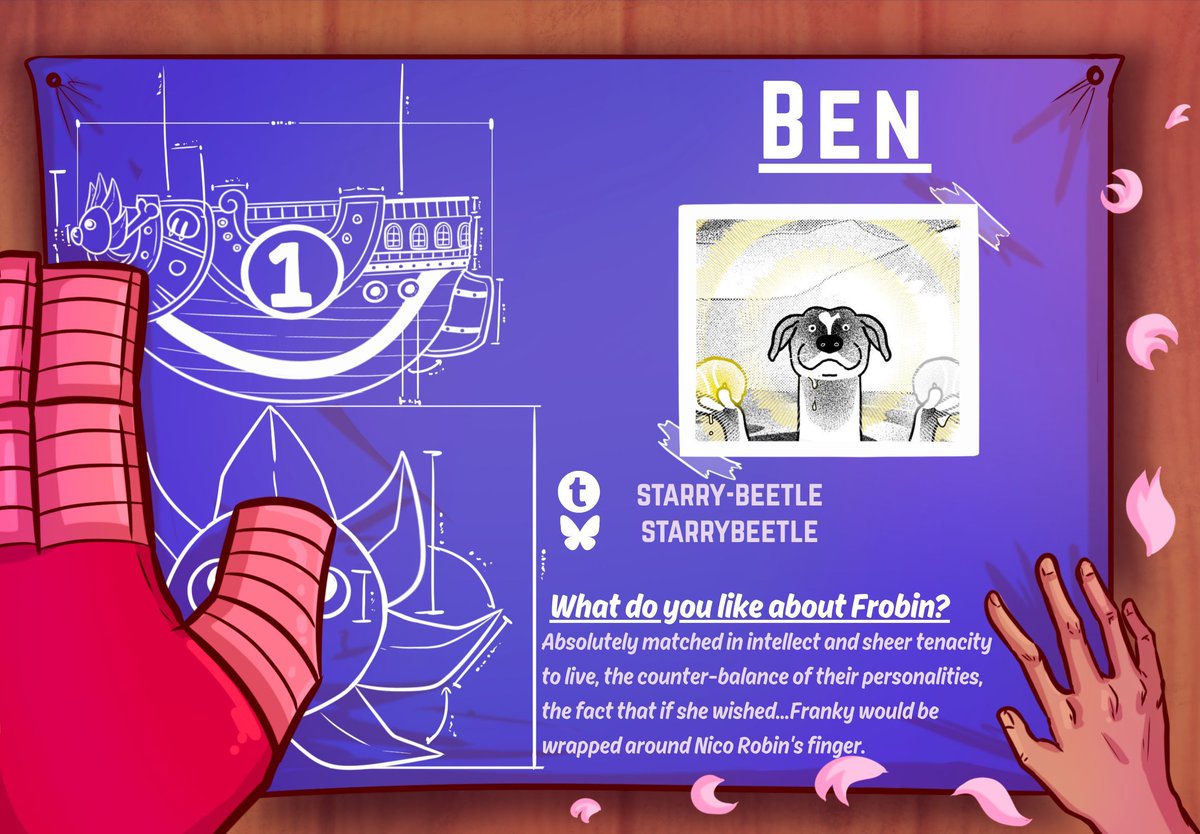 ☀️🦁 Straight from the Sunny's Workshop!

Let's all welcome Ben! They believe FroBin are matched in intellect and sheer tenacity to live! They like the counter-balance of their dynamic too!

🌸 Look forward to their work on this SUPER FroBin zine! ⭐

#onepiece #fanzine #frobin