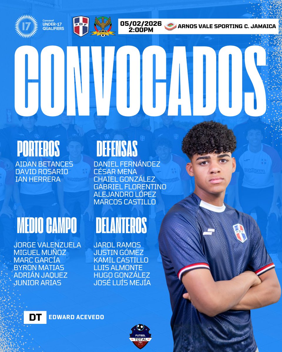 FutbolTotalRD's tweet photo. ¡HOY COMIENZA EL SUEÑO MUNDIALISTA! 🇩🇴⚽️
La #Sedofútbol Sub-17 debuta hoy en la Clasificatoria de Concacaf ante San Cristóbal y Nieves. 🇰🇳
⏰ 2:00 PM 📍 Arnos Vale Stadium 🏆 Rumbo al Mundial 2026
#concacaf #sedofutbol https://t.co/sPXHhw6dBk