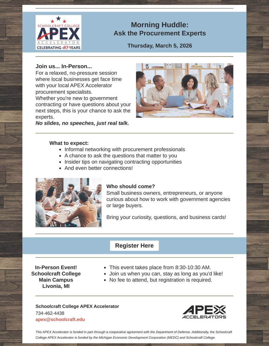 No slides. No speeches. Just real conversations with APEX Accelerator procurement specialists. Ask questions, make connections, and get insight on contracting opportunities.

Free with registration.

#GovernmentContracting #APEXAccelerator #SmallBiz