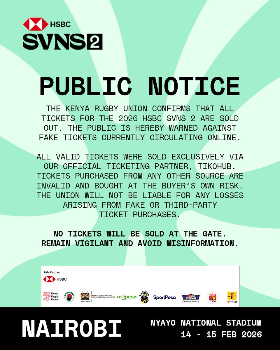🚨 ATTENTION  ATTENTION 🚨

We’ve noticed reports of fake tickets circulating on social media, with some individuals claiming to be selling tickets. Please note that all tickets for the 2026 HSBC SVNS2 are fully sold out and were available only through our official ticketing
