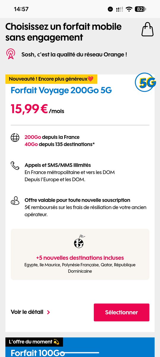 Sosh en remet une couche et inclut de nouveaux pays supplémentaires dans le forfait Voyage : Egypte, ile Maurice, Polynésie FR, Qatar, République Dominicaine 👇