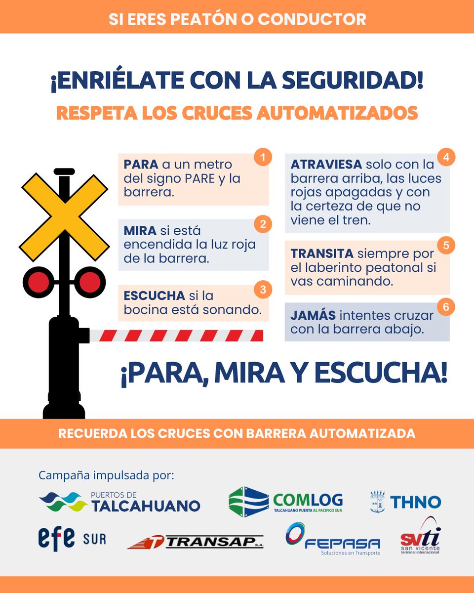 Nuestra campaña #enriélateconlaseguridad te recuerda lo que debes tener en cuenta al enfrentarte a un cruce ferroviario. Son 6 pasos clave para mantenerte siempre a salvo. ¡Respeta y cuida las barreras automáticas, porque ellas te cuidan a ti!