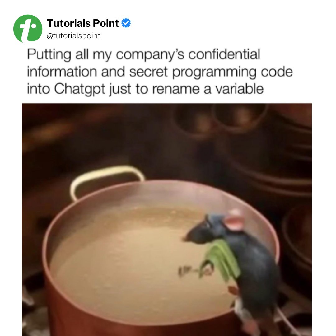 tutorialspoint's tweet image. What could possibly go wrong?

#codinglife #softwaredeveloper #programmingmemes #programminglife #softwareengineer #codingmemes  #programminghumor